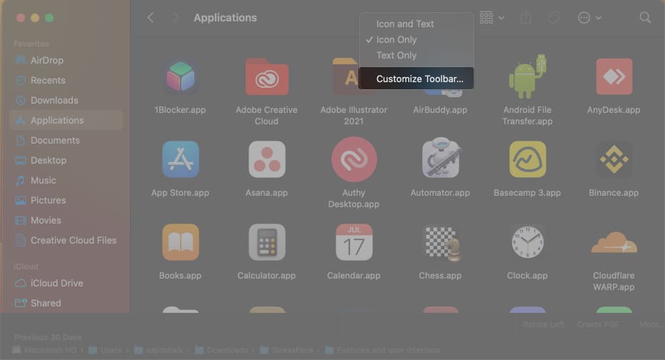 Select Customize Toolbar from Finder on Mac