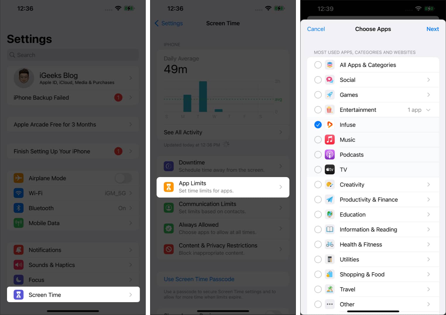 Select the complete category in Screen Time setting from iPhone