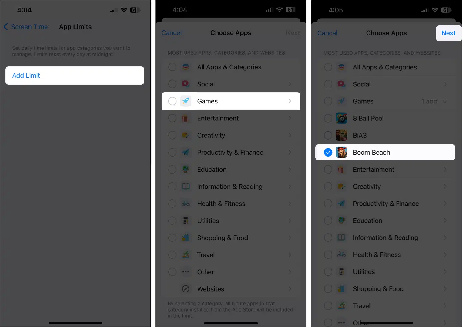 Tap Add Limit, select app category, select app, tap Next