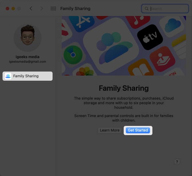 Tap Get started from Family Sharing on Mac