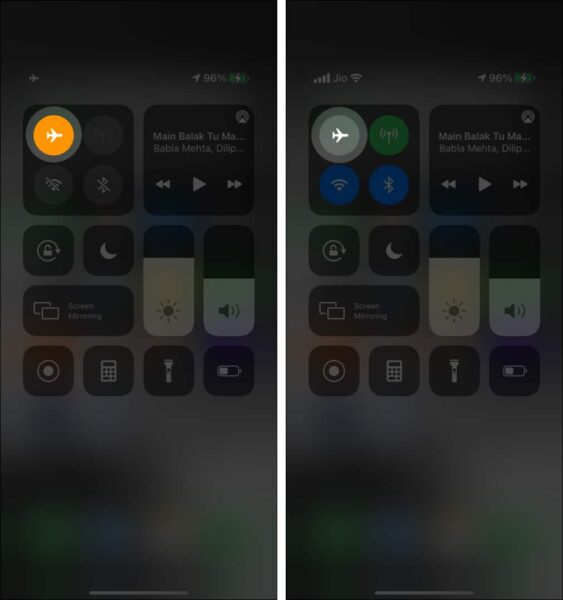 Airplane mode toggle in the Control Center on an iPhone.