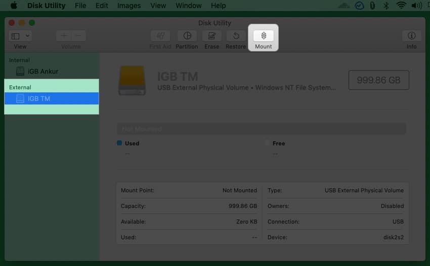 Open Disk Utility select your External Drive and click Mount