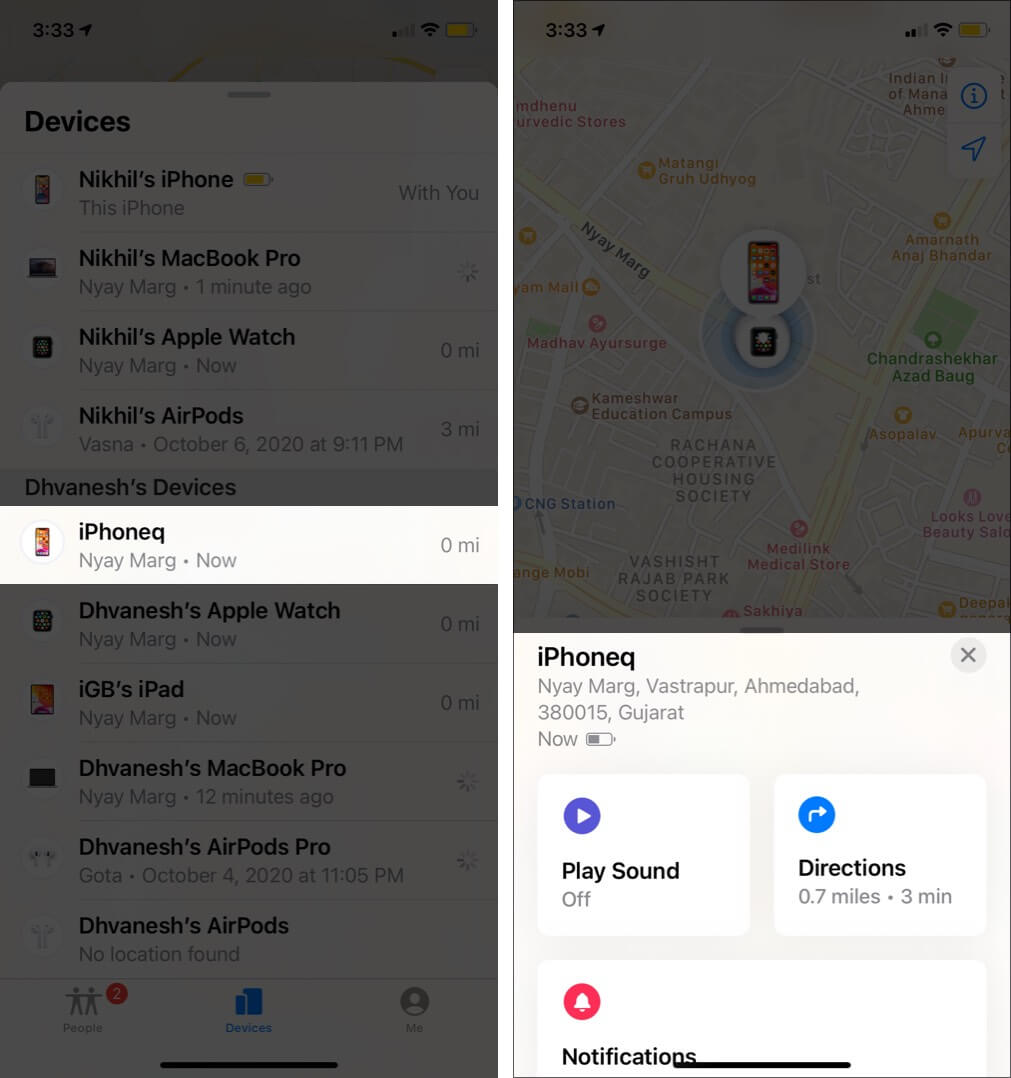 Tap on Device Name in Family Member's iPhone to See Location