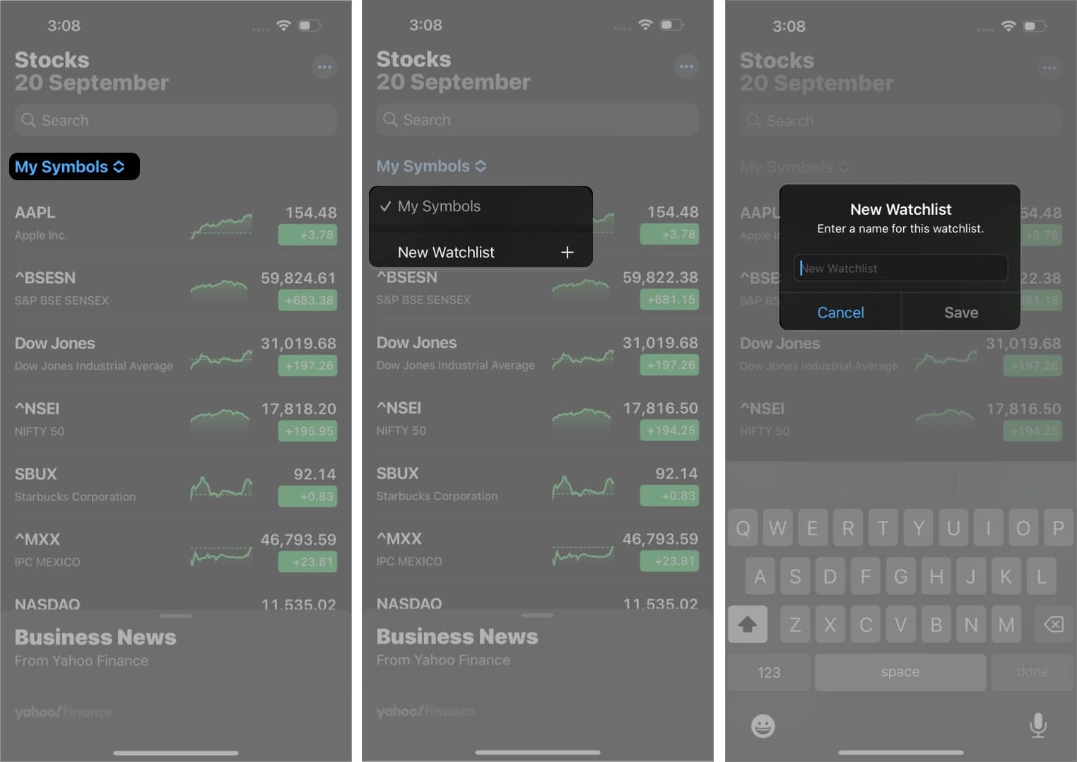 Creating a new watchlist in Stocks app on an iPhone