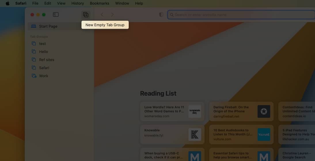 Creating New Empty Tab Group in Safari on Mac
