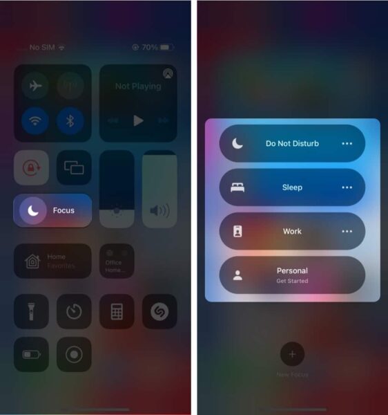 Focus mode selection in the Control Center on an iPhone.