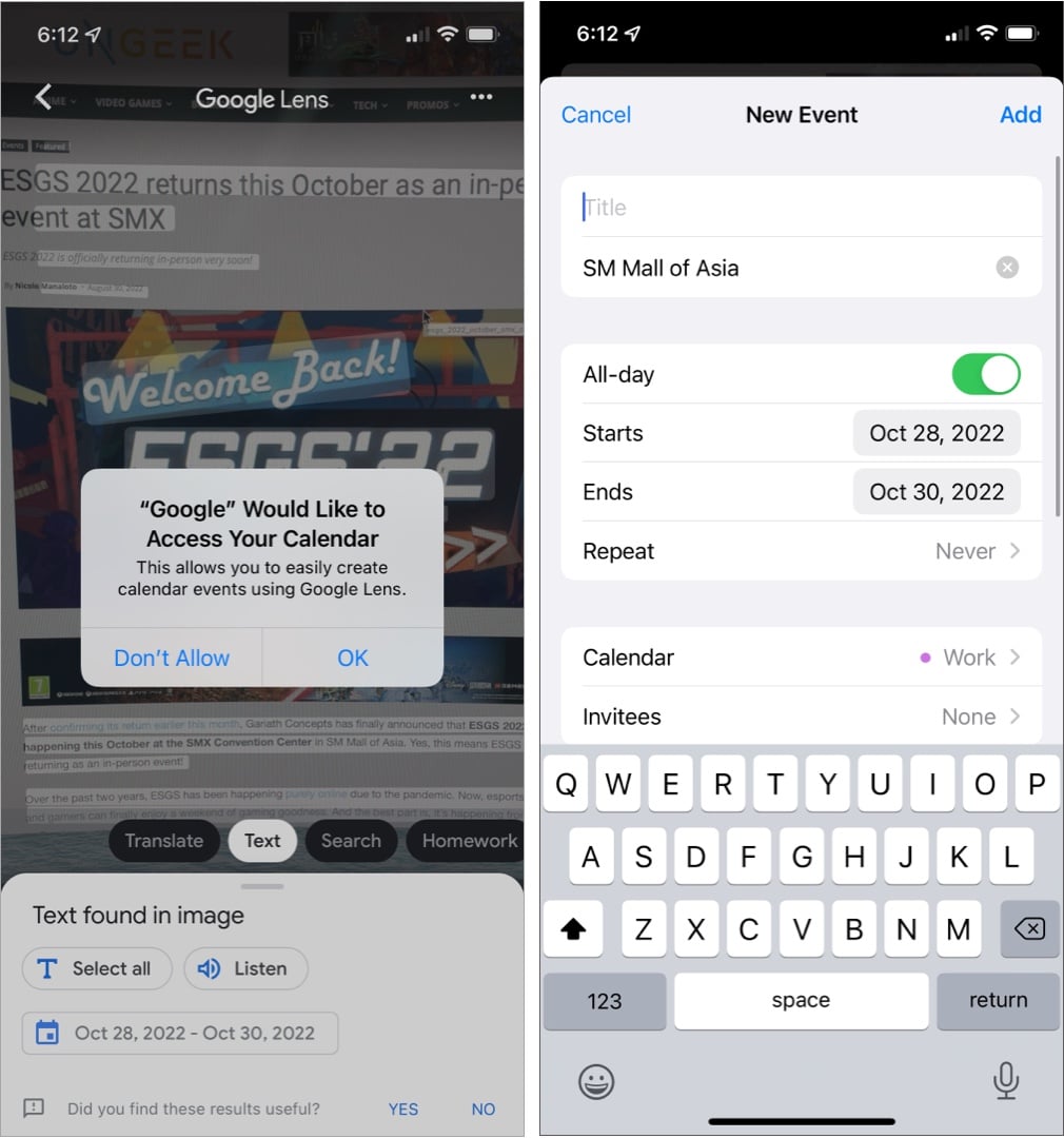 Adding an Event using Google Lens on an iPhone