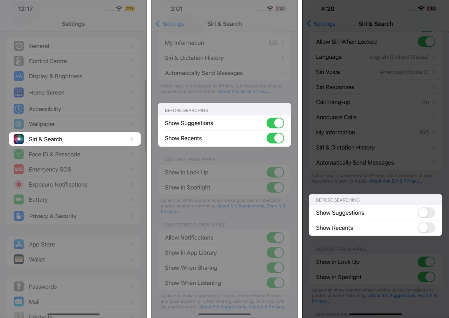 Steps to hide recent searches and Siri Suggestions on iPhone from Spiotlight