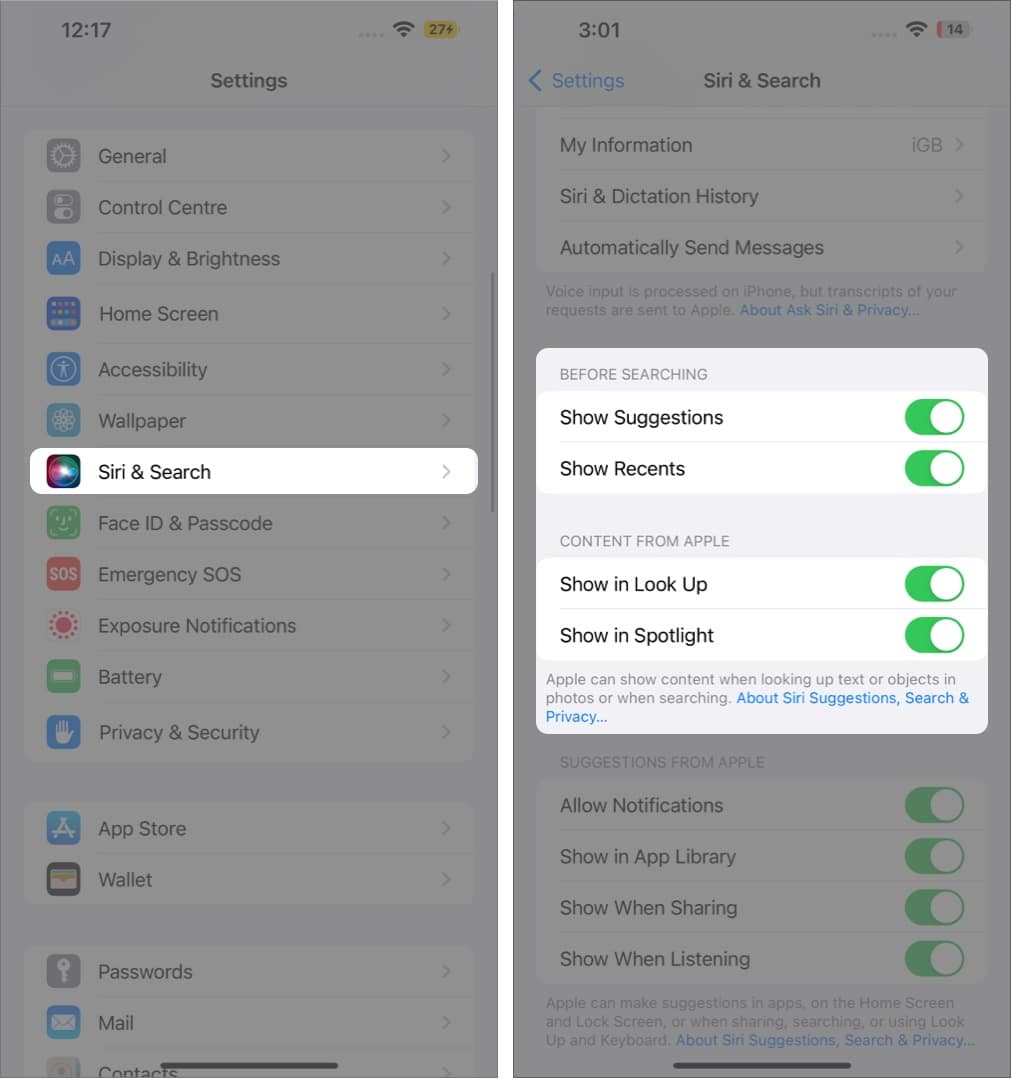 Enabling Spotlight search on an iPhone
