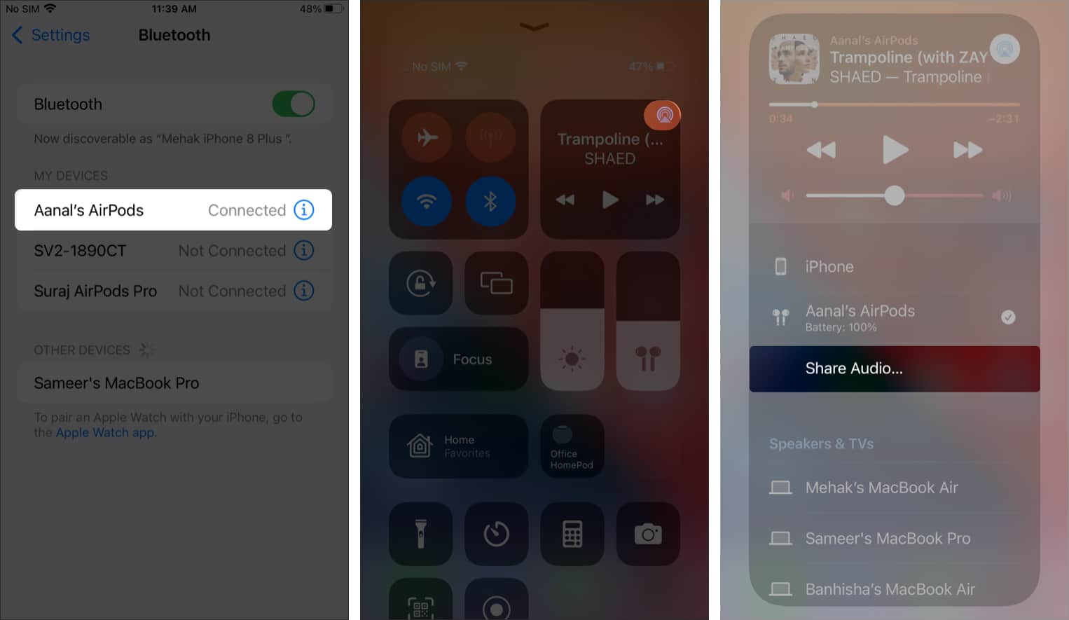 Tap Share Audio from iPhone's Control Centre