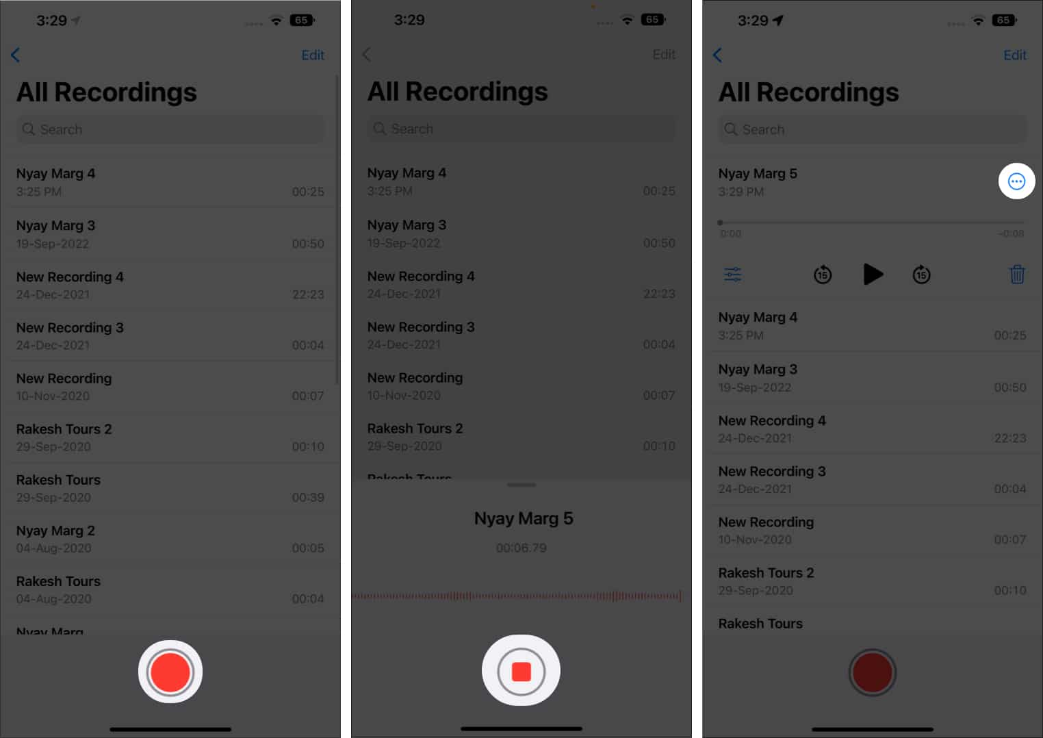 Tap three dots icon to recorded voice note on iPhone