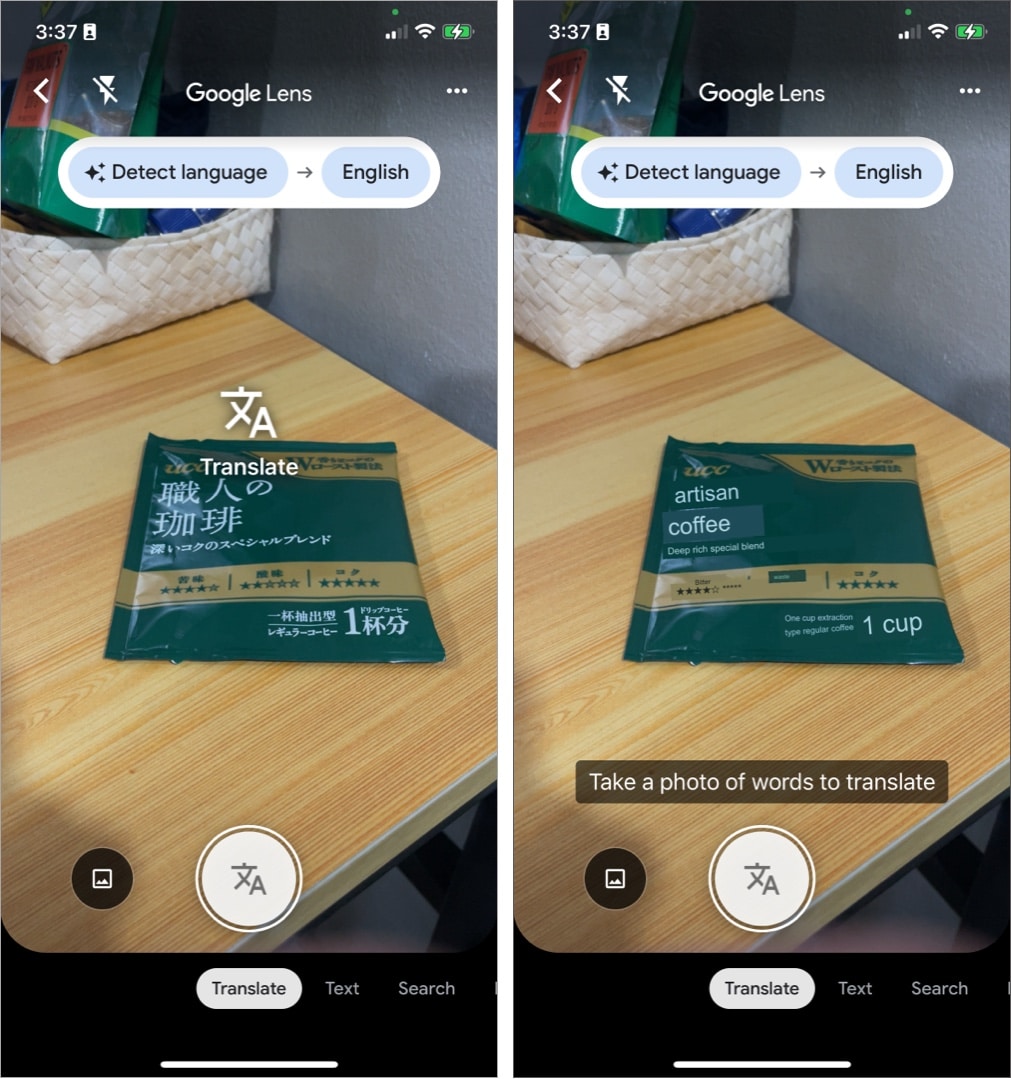 Using Translation in Google Lens on an iPhone
