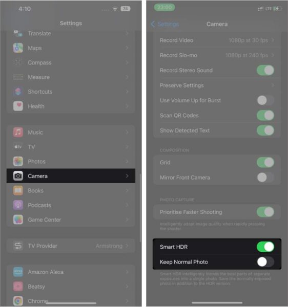 Turning on the Smart HDR option in iPhone Settings app