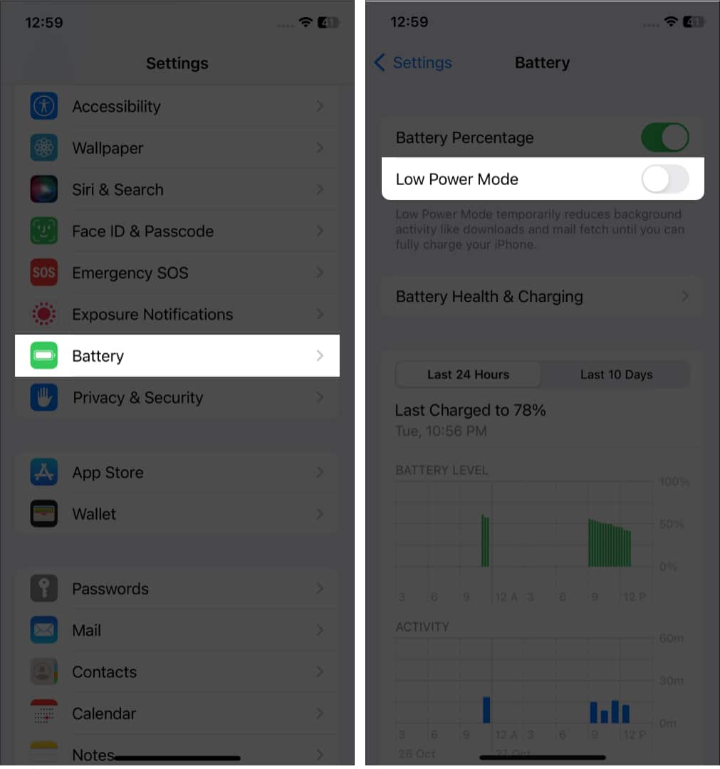 Disable Low Power Mode in Settings on iPhone