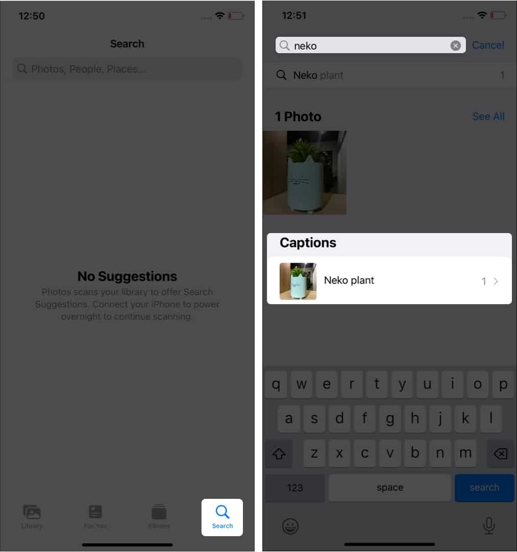 Searching photos using captions in Photos app on an iPhone