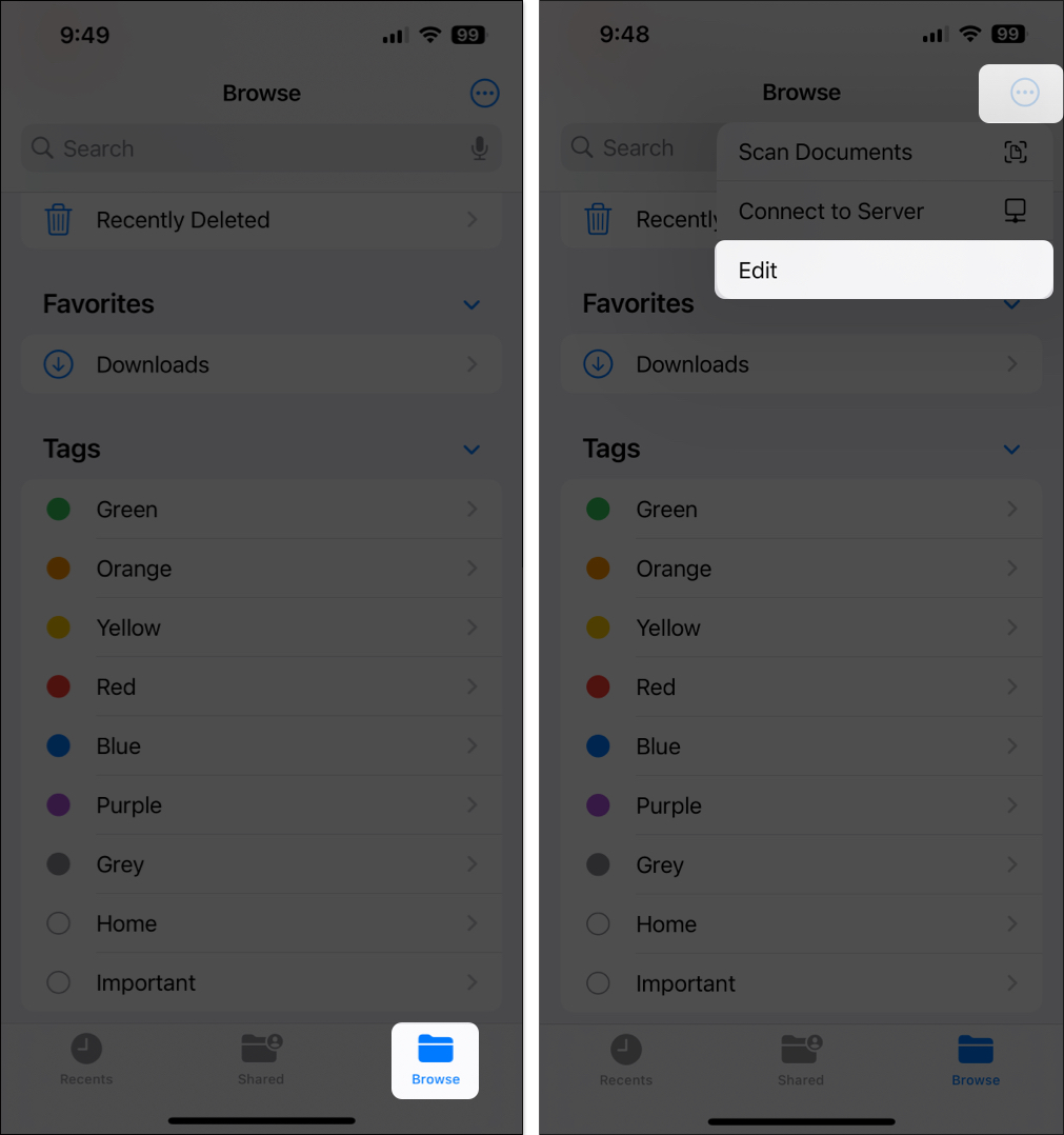Select Browse tab, tap three dots, select Edit