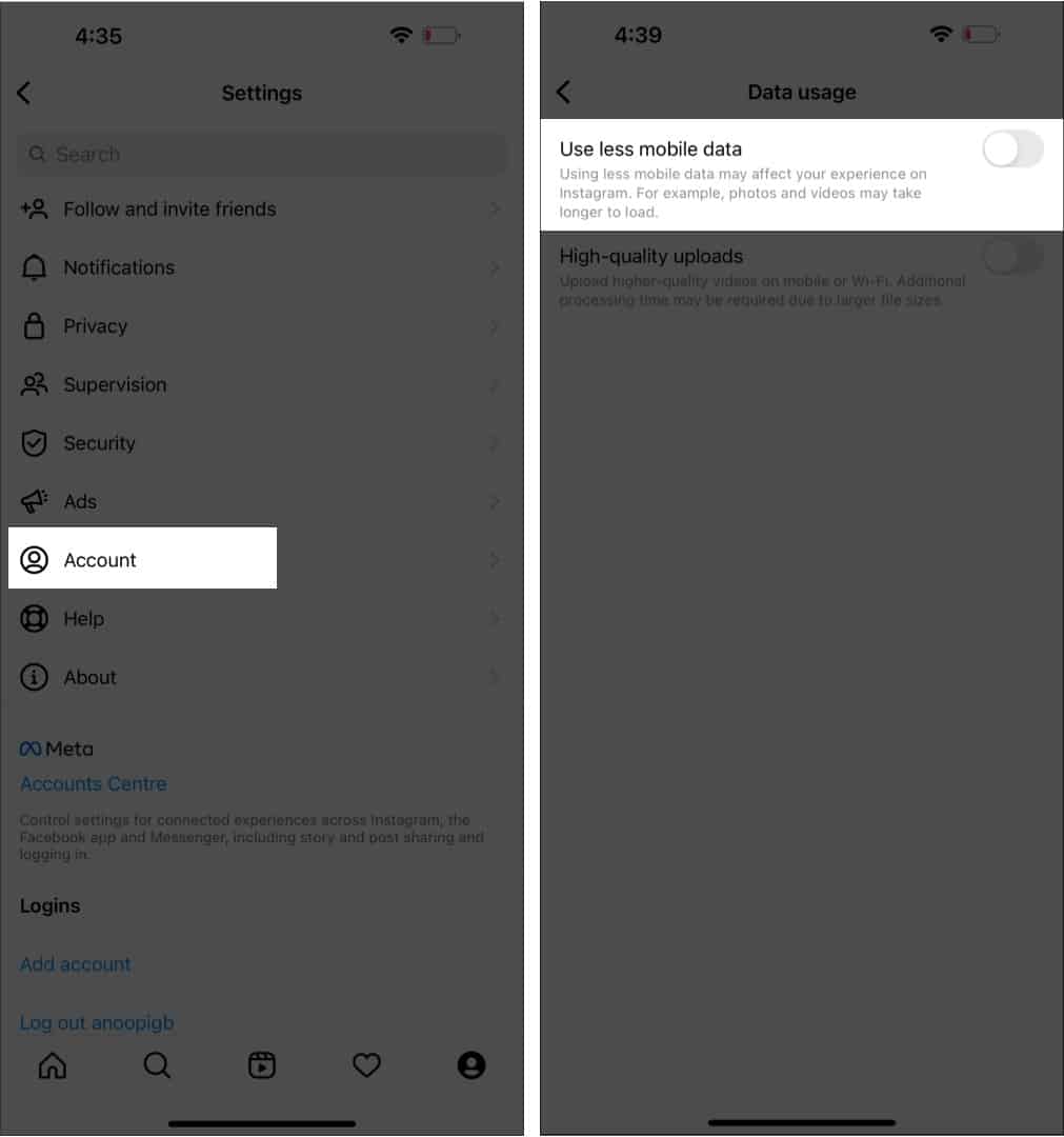 Adjusting Data Usage settings in Instagram app on iPhone