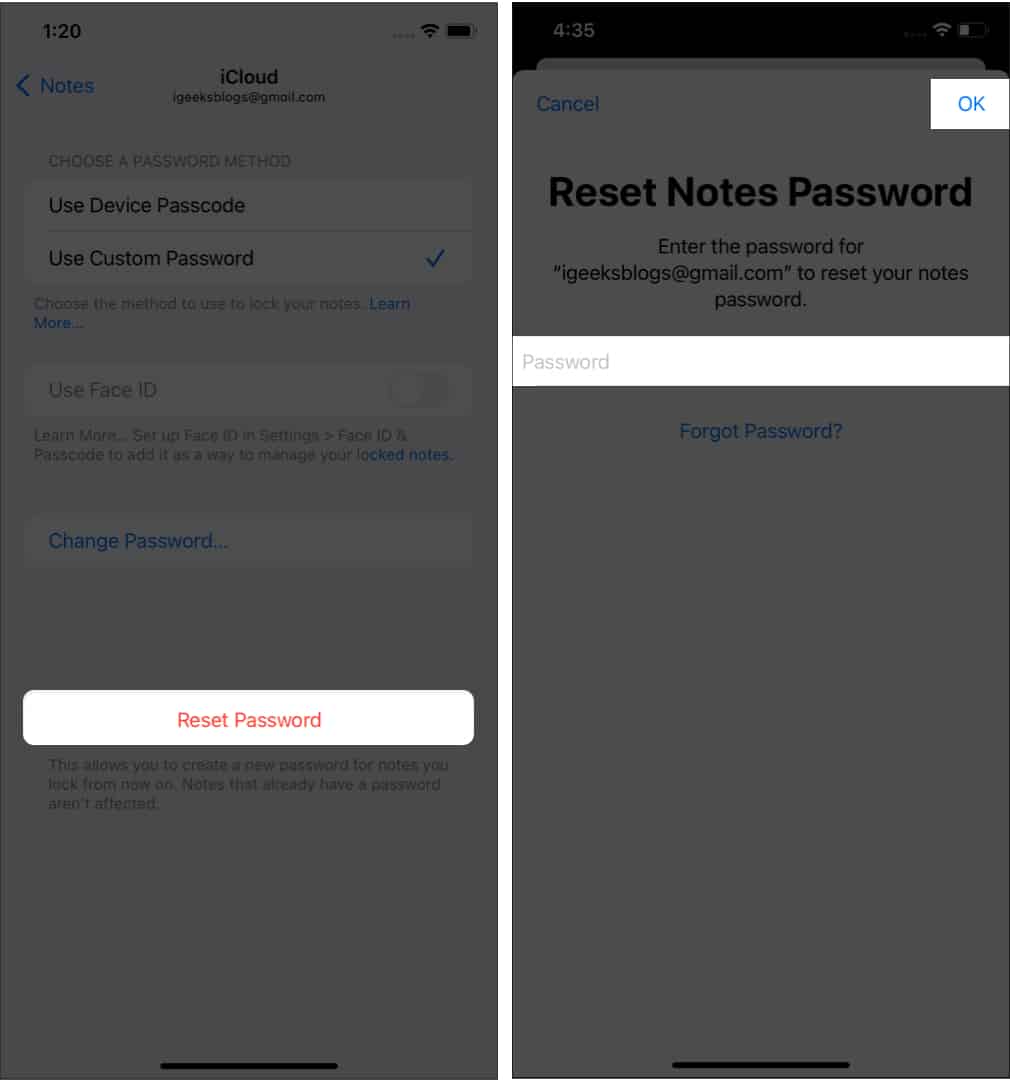 Reset Notes password in Settings app on iPhone