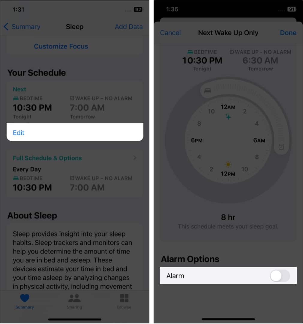 Steps to turn off only your next bedtime alarm on iPhone