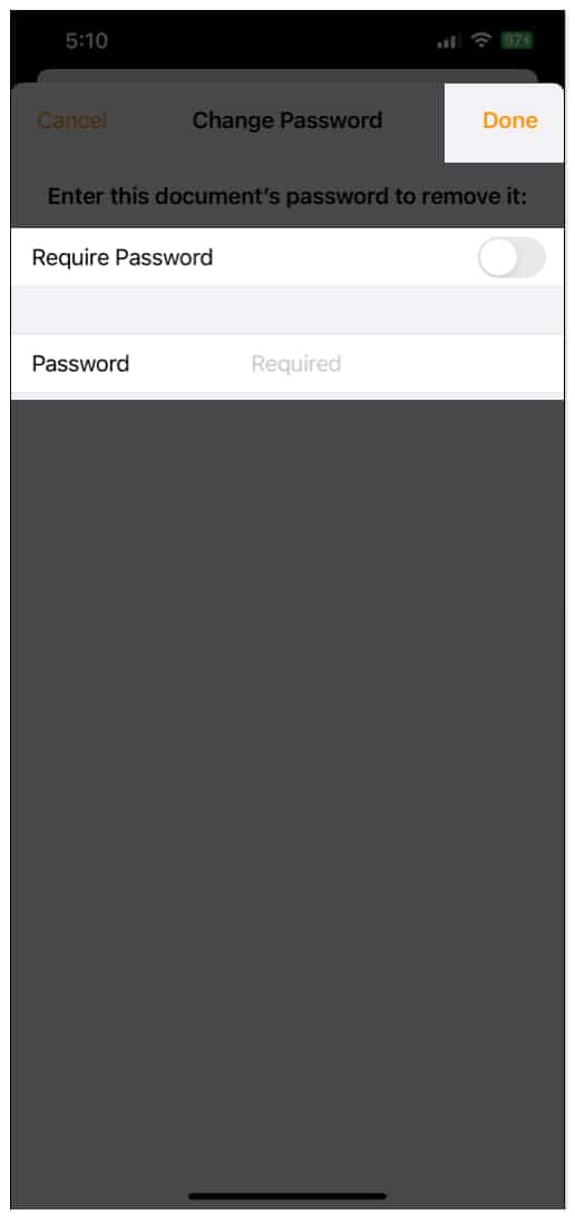 Change a password from Pages document on iPhone