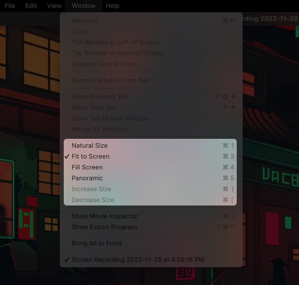 Change screen size in QuickTime Player from Window
