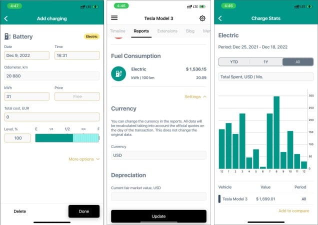 Fuel and charge tracking in ARBA Auto app