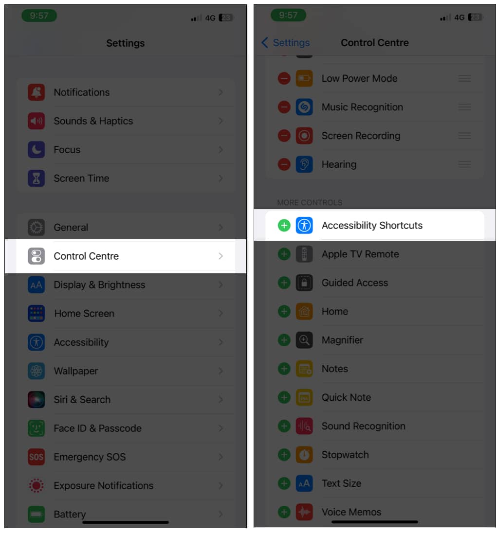 Tap on Control Centre and Accessiblity Shortcuts on iPhone