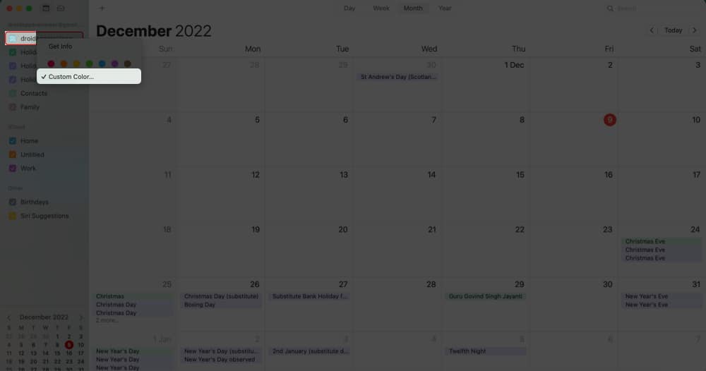 click Custom Color option in Calender on Mac