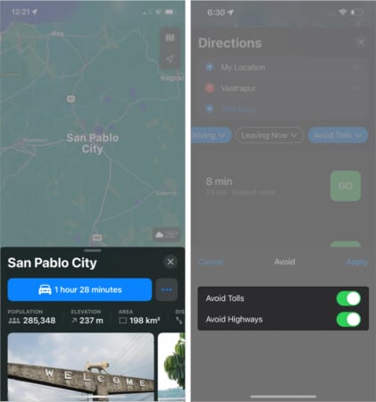 Avoid highways and tolls in Apple Maps