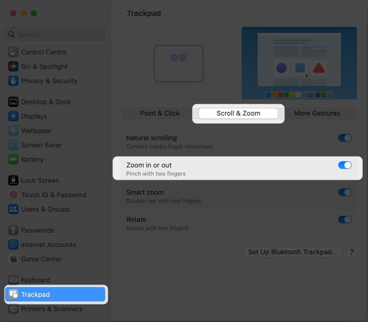 Click Trackpad, click Scroll & Zoom tab, Ensure that Zoom in or out is toggled On on Mac