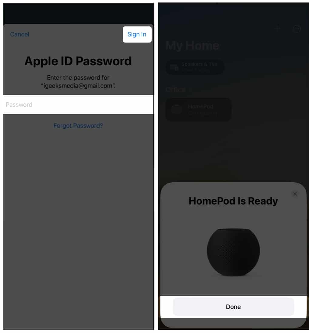 Enter Apple ID password, sign in and tap Done