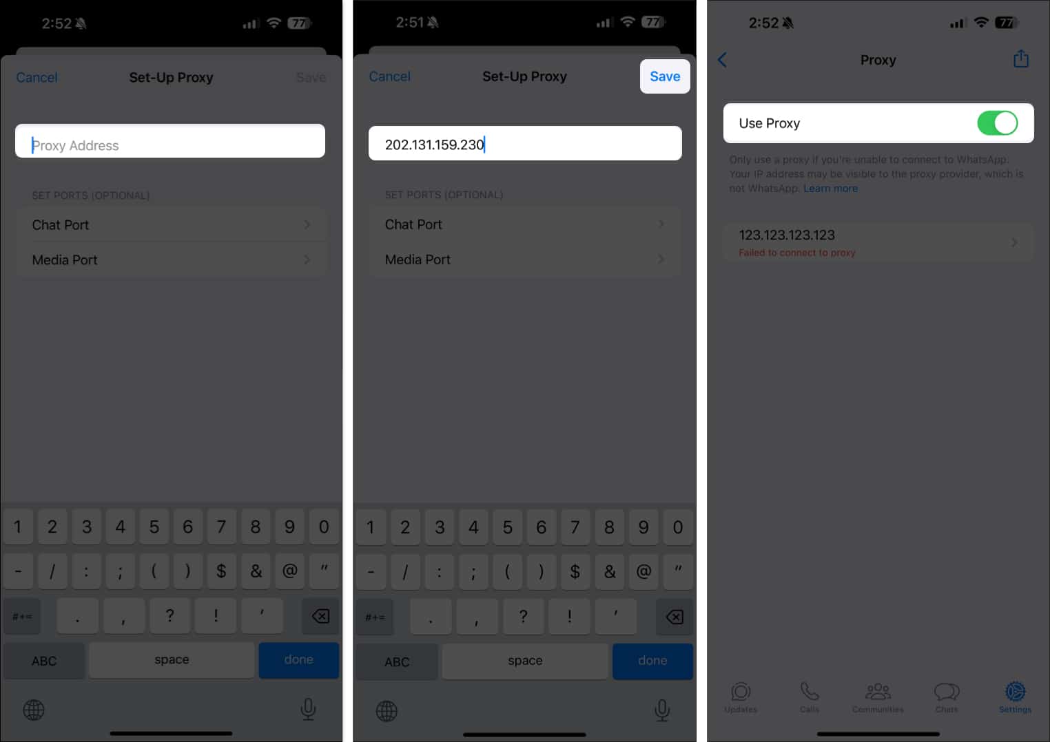 Enter proxy address tap save and toggle on use proxy in whatsapp on iphone
