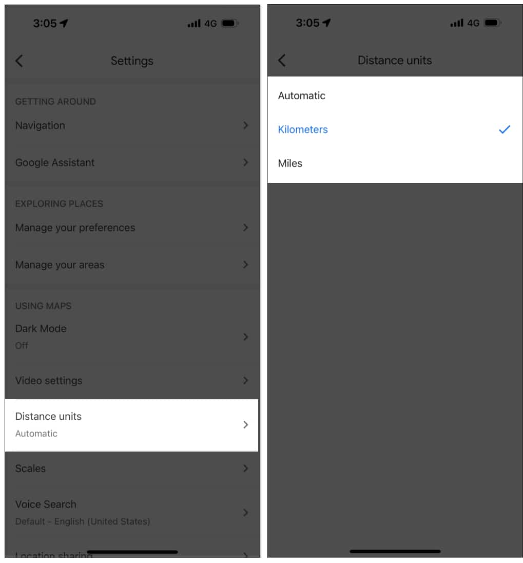 Tap Distance units, select preferable unit between Kilometers or Miles in Google Maps iOS app