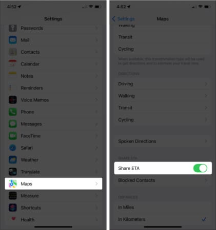 Toggle Share ETA on in Apple Maps on iPhone