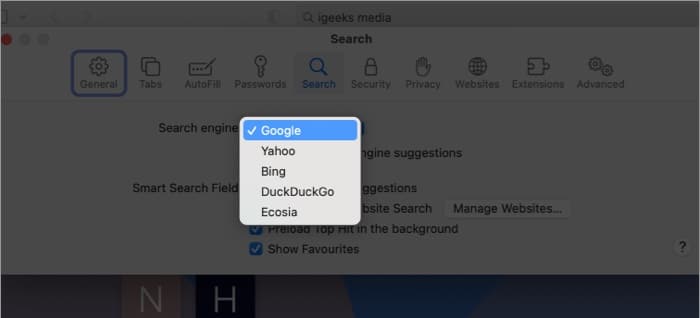 Click the drop-down menu next to the Search engine option