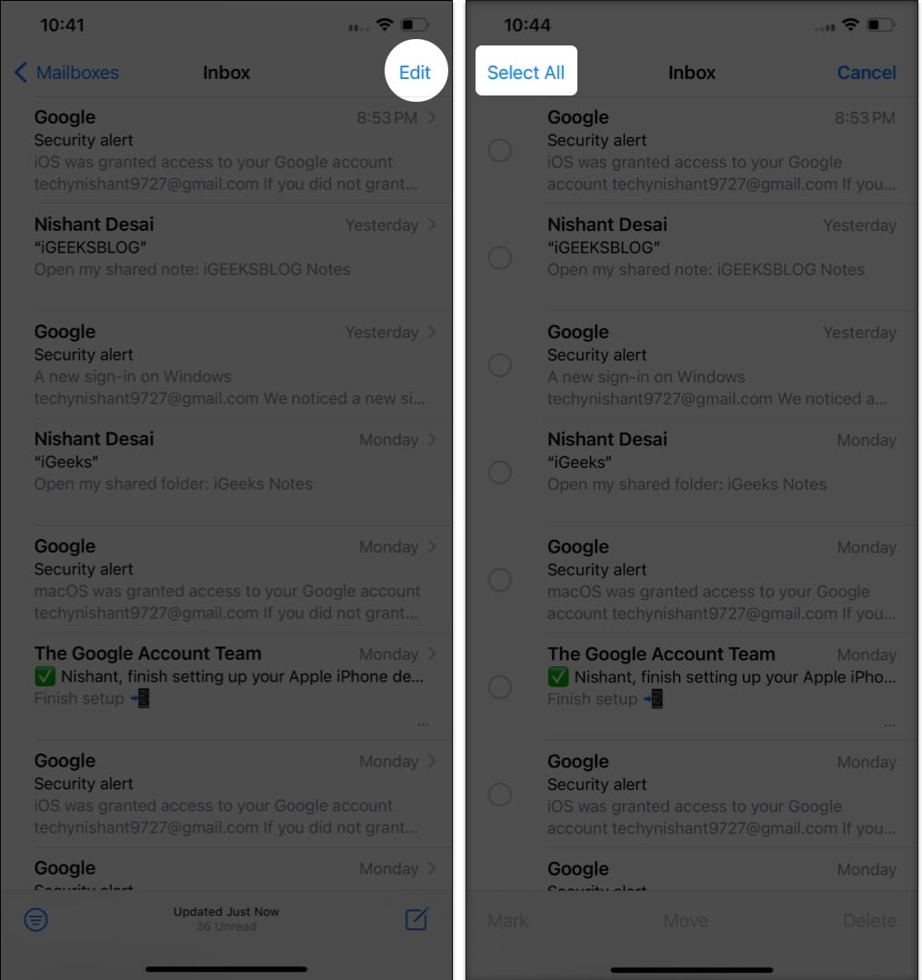 Edit Inbox to Select All email