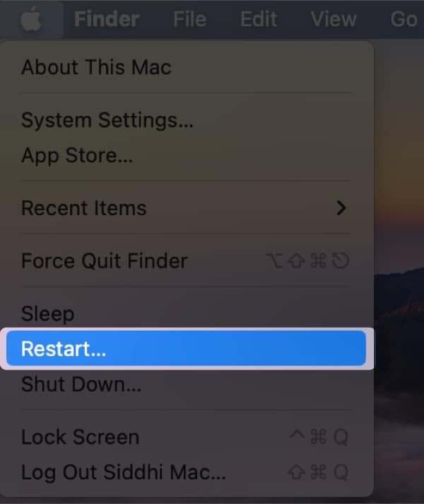 Restart option in the Apple logo menu on a Mac.