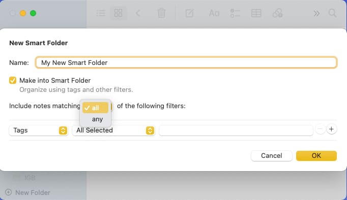 Pick All or Any in New Smart Folder on Mac