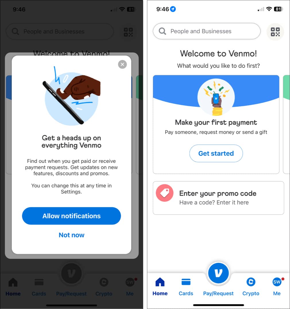 Tap Allow notifications and start using it Venmo app