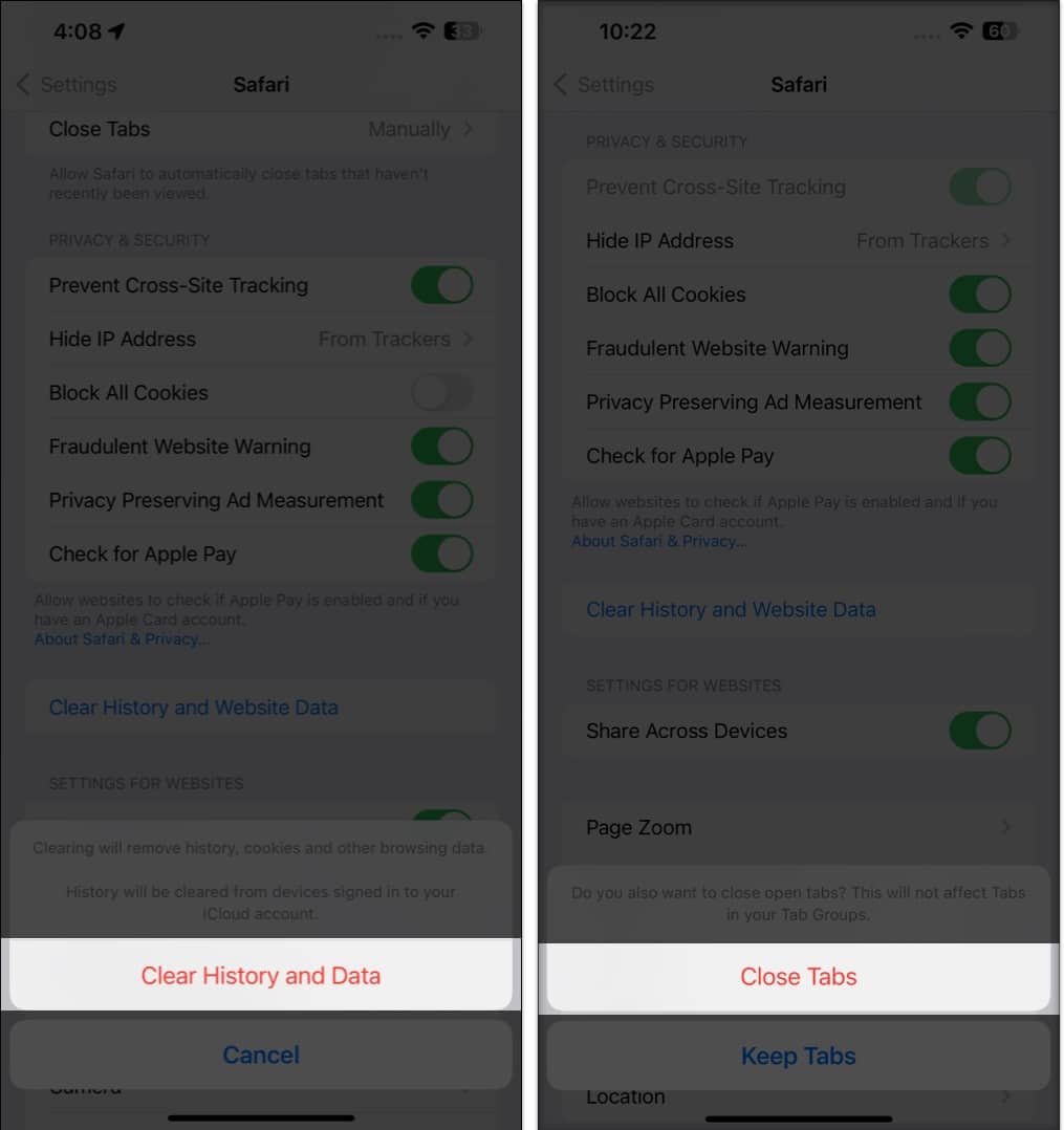 Tap Clear History and Data, select Close All Tabs