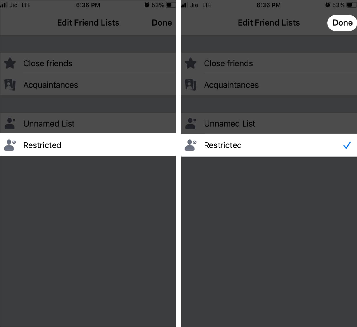 Tap Restricted and check off Restricted and tap Done in Facebook iOS app