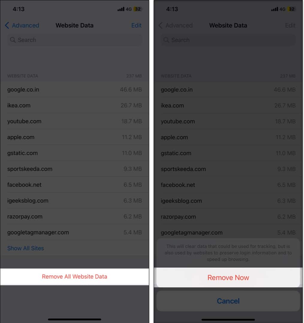 To remove data from all websites, tap Remove All Website Data, Remove Now