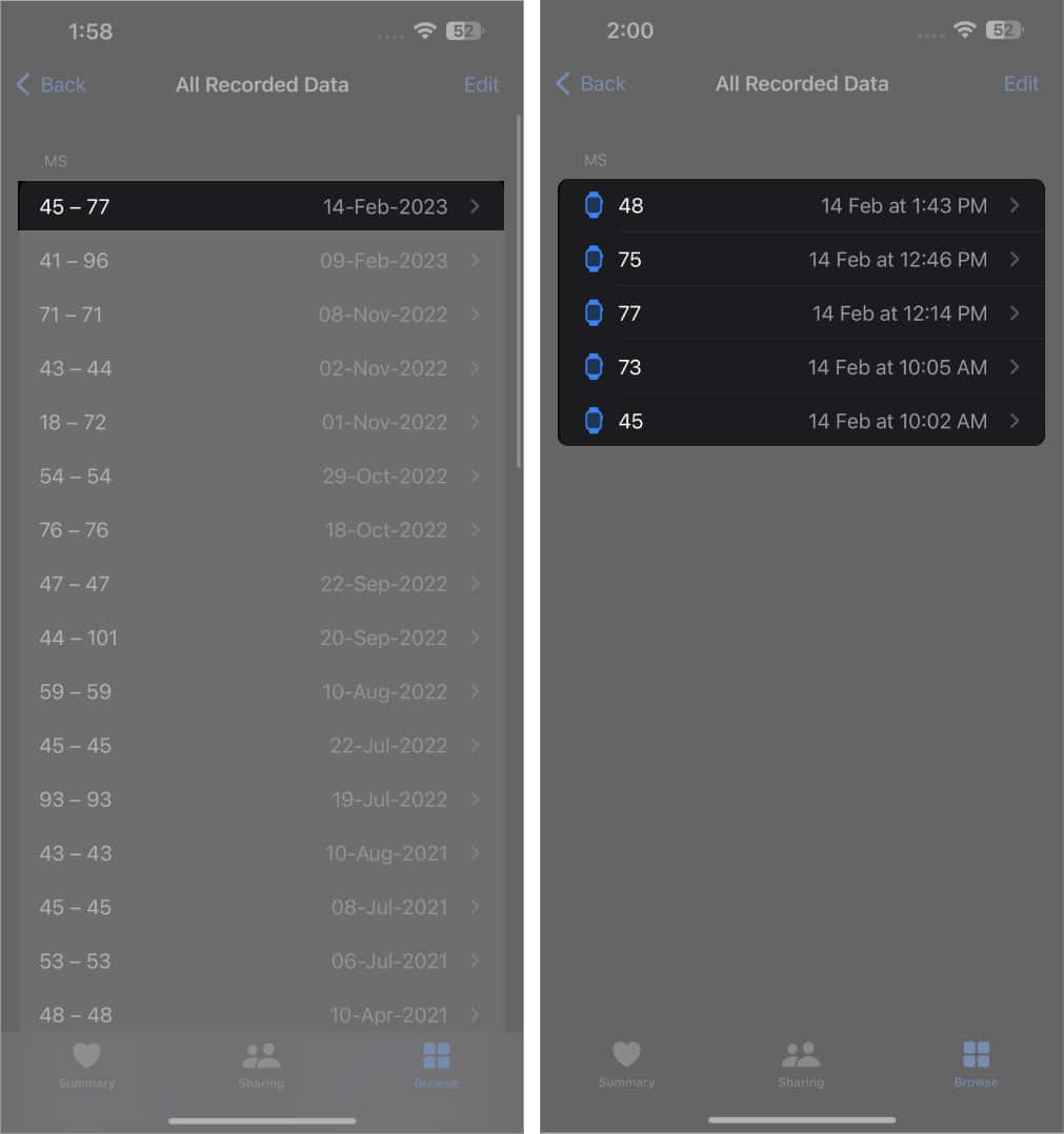 Access any session of your choice from All Recorded Data on iPhone