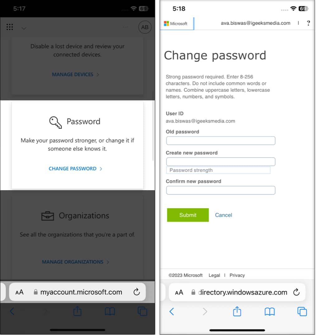 Change outlook password using microsoft link