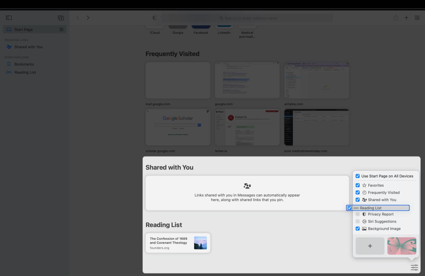 How to rearrange items on Safari Start Page on Mac