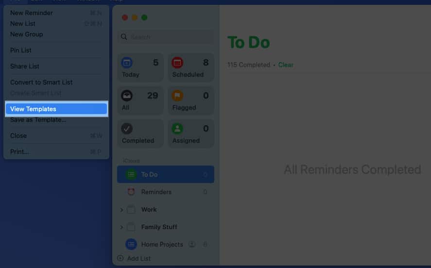 View Templates in Files in Reminders app on Mac