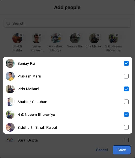 Add participants of your choice and click Save in Messenger on iPhone