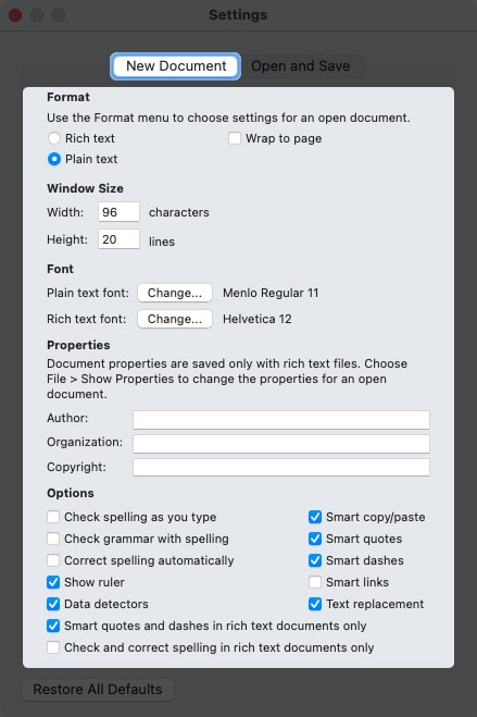 Adjust other settings in TextEdit on Mac