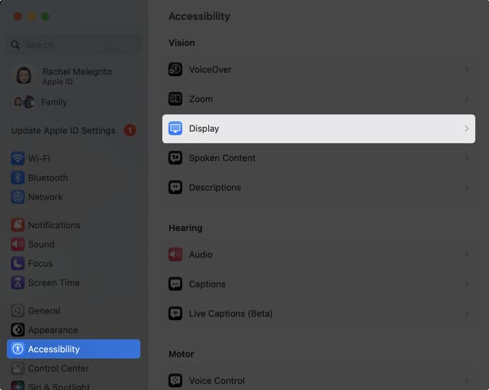 Choose Display from Accessibility option on Mac