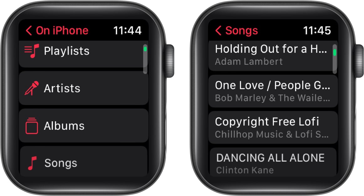 Tap on Songs and Play the Songs from Apple Watch